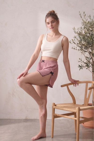 Farya Home Cotton Camisole Shorts with Slits, Stripes, Bow Detail, and Ribbed...