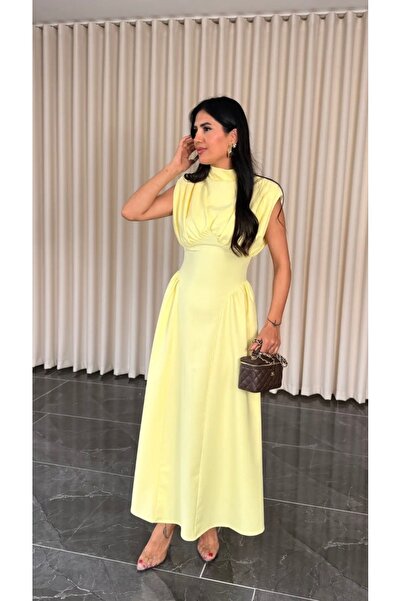 Dilek Vardar Sarı Kadın Dik Yaka Drape Detaylı Piliseli Elbise