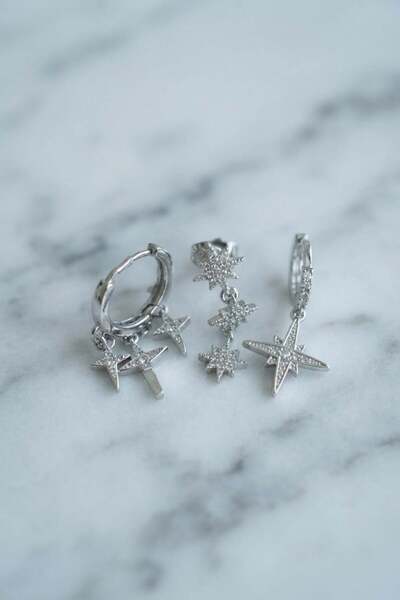 Inure Jewelry طقم أقراط بولار ستار موديل فضي اللون مكون من 3 قطع