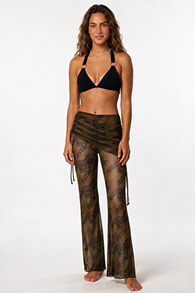 AQUELLA Brown Patterned Tulle Trousers with Folded Sides and Gathered Details
