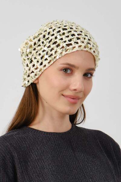 C&City Sequin Detailed Triangular Tied Summer Knitted Beanie Y8250 Cream