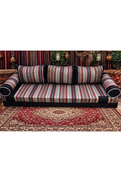 Xboat Arabic Floor Seating Sofa Set, Black with Red Striped Pattern, Traditio...