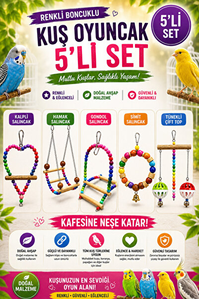 Petshop Renkli Boncuklu Kuş Oyuncak Seti 5’li | Kalpli Salıncak + Hamak Salın...