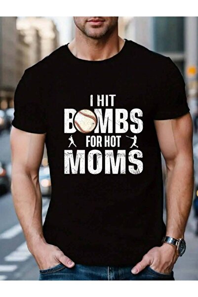 23ERVA تي شيرت رجالي أسود بطباعة "I Hit Bombs For Hot Moms"، مصنوع من القطن 1...