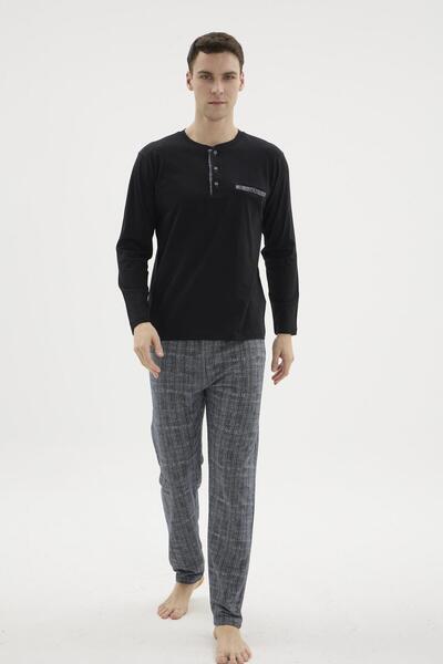 KLY Men's Navy Blue Long Sleeve Buttoned Collar Pocketed Pajama Set C8T0N162