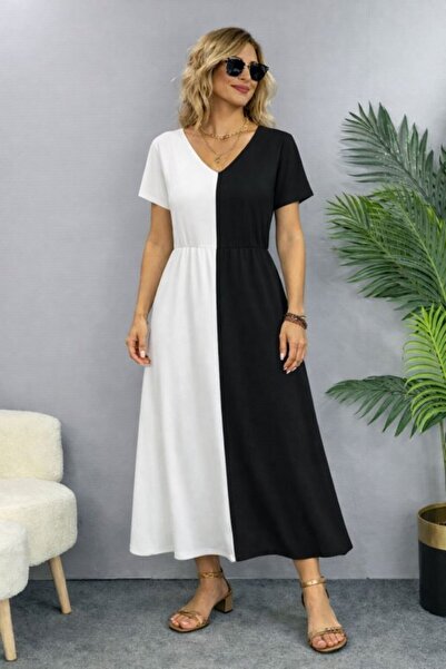 Simala Women's Short Sleeve V-Neck Double Color Viscose Midi Dress