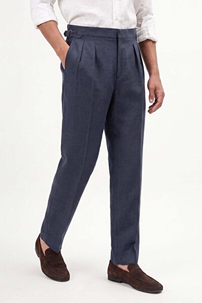 Antioch Navy Blue 100% Linen Double Pleated Trousers