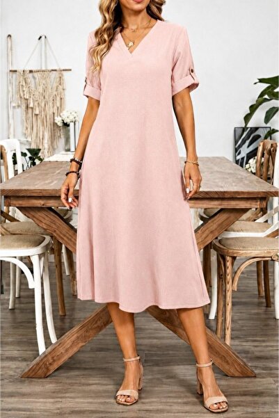 Simala Women's Short Sleeve V-Neck Wrinkled Midi Dress