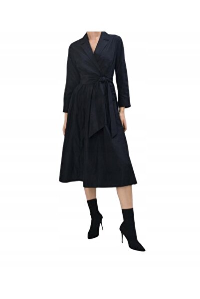 NO BRAND Rochie neagră Midaxi, netedă, cu mâneci lungi, cu cordon, decolteu p...