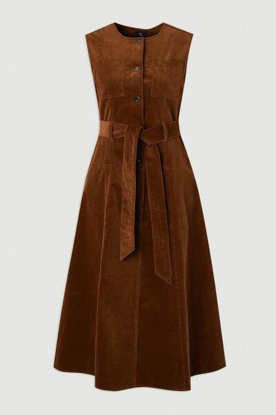 NO BRAND Rochie midi maro din catifea reiată cu cordon în talie Karen Millen 40