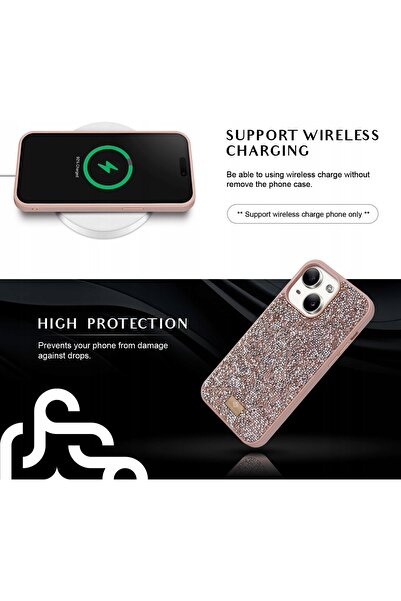 NO BRAND Bling & Co Husă din brocart pentru iPhone 15 Plus Roz cu diamante st...