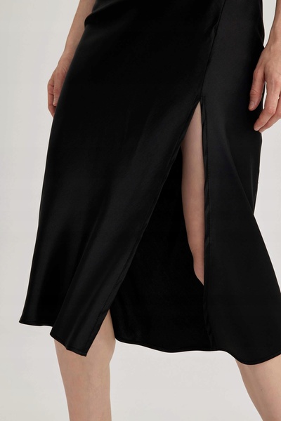 NO BRAND Rochie midi din satin negru, asimetrică, cu șliț drept, Defacto 40