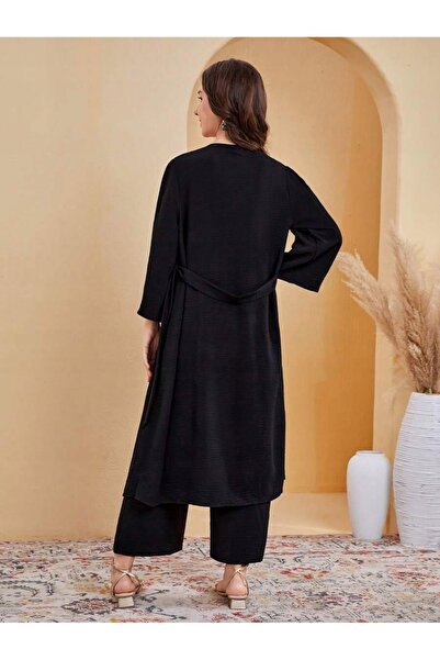 NO BRAND Set complet Pantaloni negri Supraplică albă Broderie aurie solidă Sh...
