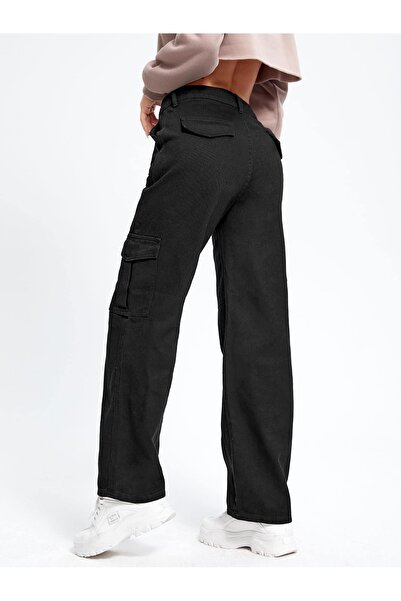 NO BRAND Pantaloni negri stil boyfriend, croială dreaptă, cu buzunare, talie ...