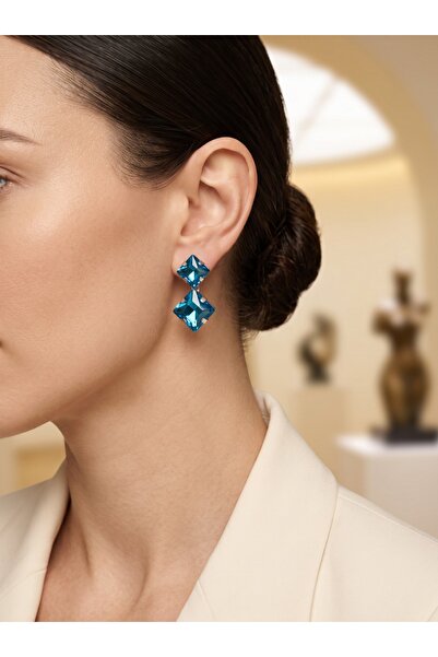 Valmont Accessories Turquoise Crystal Stone Tile Shape Women's Earrings Spark...