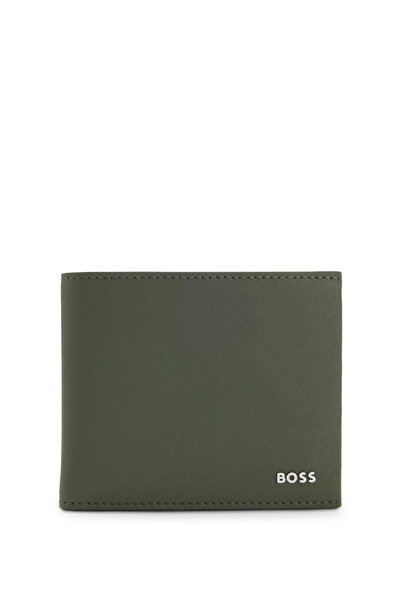 BOSS Men's Leather Khaki Wallet with Metallic Logo Detail and Cash Compartment