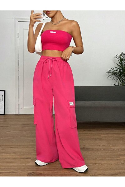 NO BRAND Set Roz Pantaloni Largi Top cu Buzunare Dungi Scurte Bandă Shein 34