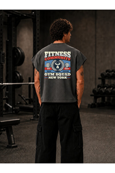 EVIus تي شيرت GYM Sporcu Fitness Community مطبوع بمقاس كبير وبدون أكمام وياقة...