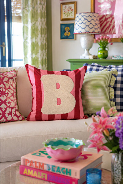 Pilloveland Punch Embroidered Throw Pillow Cover - 43*43 cm - Pink Letter B -...