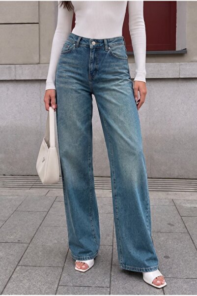 BİKELİFE Dark Blue Faded Effect Vintage High Waist Wide Leg Wide Leg with Lyc...
