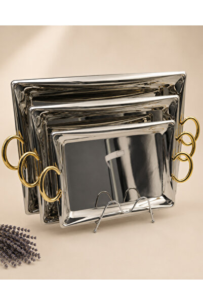 Alakhmas 3Pcs Rectangular Serving Tray Set Silver Color with Round Gold Handles