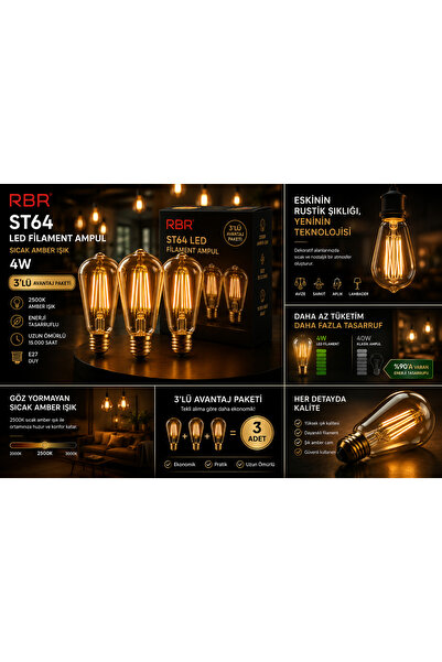 ST64 LED Filament Armut Ampul E27 4W 2500K Amber 3'lü Paket Dekoratif Armut Ampul