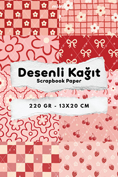 Mimu Art Studio Kiraz Çilek Çiçek Fiyonk Ekose Desenli Kağıt Seti Scrapbook K...