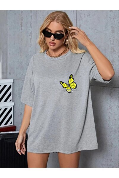 H&GHAMLEGİYİM Γυναικείο μπλουζάκι Oversize Yellow Butterfly printed