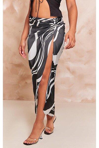 NO BRAND Fustă maxi asimetrică cu model alb-negru Prettylittlething 42