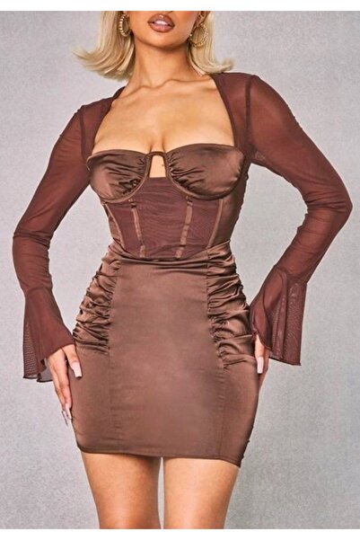 NO BRAND Rochie mini din satin maro cu spatele din plasă Prettylittlething 36