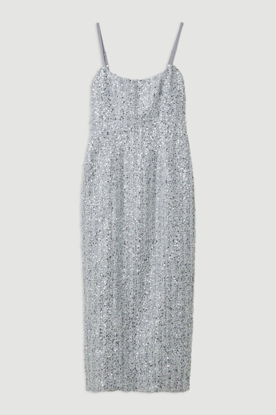 NO BRAND Rochie cu bretele argintie, midi, cu paiete, croială dreaptă, Karen ...