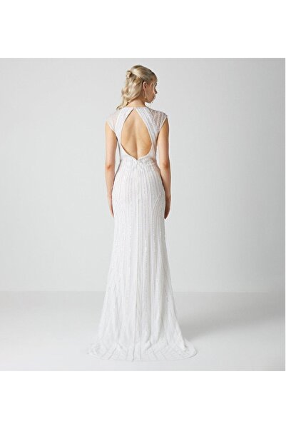 NO BRAND Rochie maxi albă cu trenă, spate deschis, plasă, nasturi, Coast 44