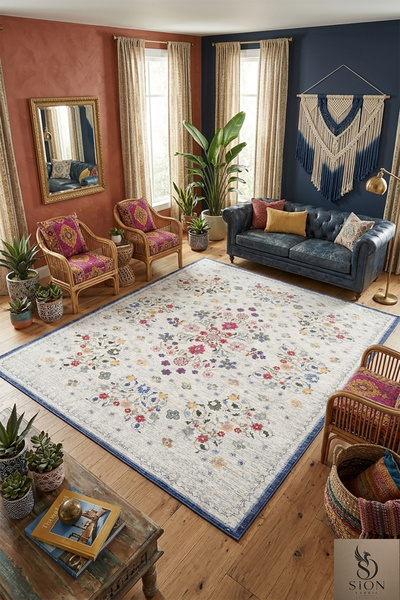 SionFabric Yıkanabilir Çiçekli Beyaz Taban Leke Tutmaz Salon Halısı Mutfak Ha...