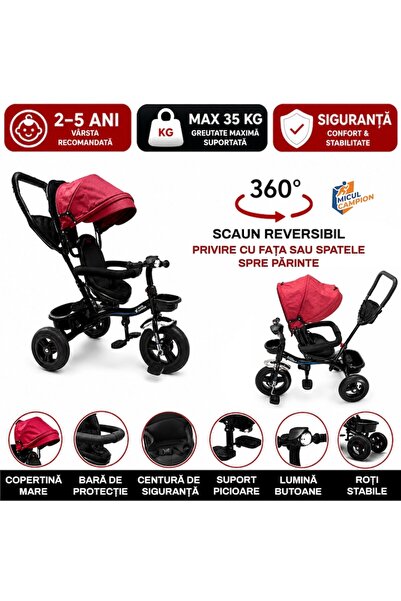 INVINCIO Tricicletă Micul Campion Explorer 360, Scaun reversibil, Lumini și Muzică, Roșu, 2-5 ani, Max. 35 Kg