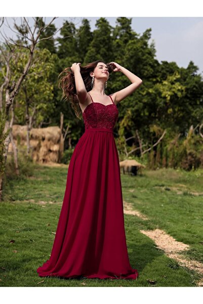 NO BRAND Rochie de cocktail din șifon, bordo, de seară, brodată cu guipure, S...