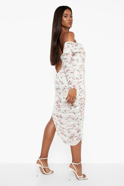 NO BRAND Rochie albă cu imprimeu floral, volane, cu umerii goi, Boohoo 38