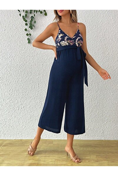 NO BRAND Costum de maternitate bleumarin, cu curea, cu flori, pantaloni drepț...