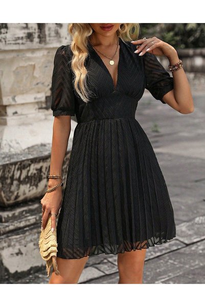 NO BRAND Rochie mini neagră texturată, clasică, cu mânecă scurtă, Shein 40/42