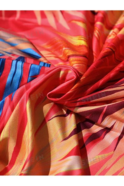 NO BRAND Set roz, fustă maxi, top decupat, cu legătură, imprimeu tropical, Sh...