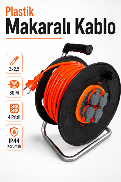 Badem10 Plastik Makaralı Kablo 3x2,5 mm 60 Metre Turuncu 4 Prizli Seyyar Uzat...