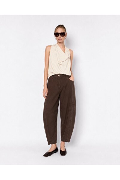 TENA Women's Brown Shalwar Cut Balloon Pants with Gazi Stitching