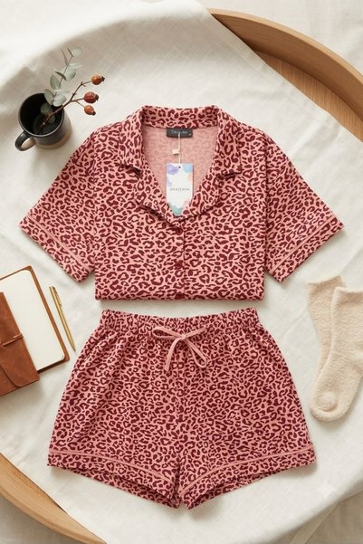 İPEKTENİM Pink Leopard Patterned Color-Blocked Buttoned Shirt Shorts Pajama Set