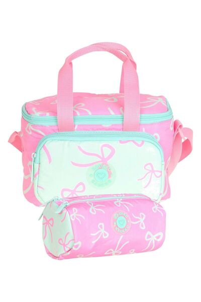 KAUKKO Girl's Pink - Green Bow Printed Lunchbox and Pen Holder Set - Setkk-K1877