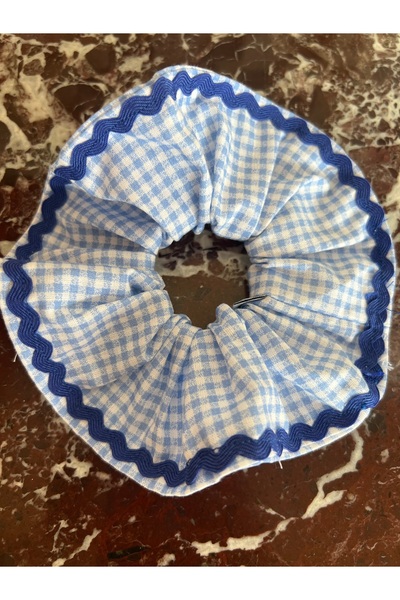 OIA Atelier Blue Gingham Single Side Striped Scrunchie Buckle Rubber Bagel Bu...