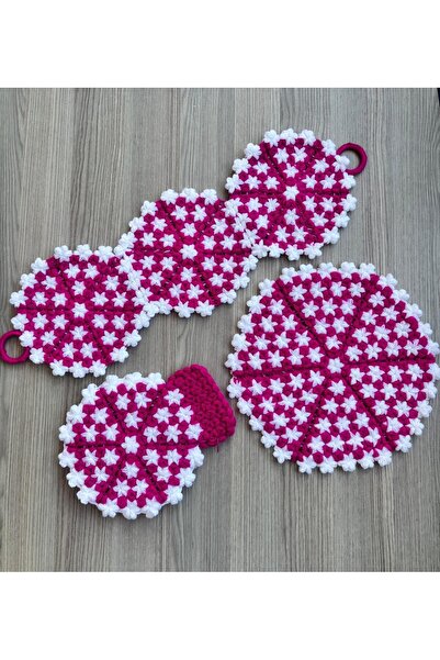 WIB TASARIM Hand Knitted Snowflake 3-Piece Dowry Bath Towel Set - Fuchsia White
