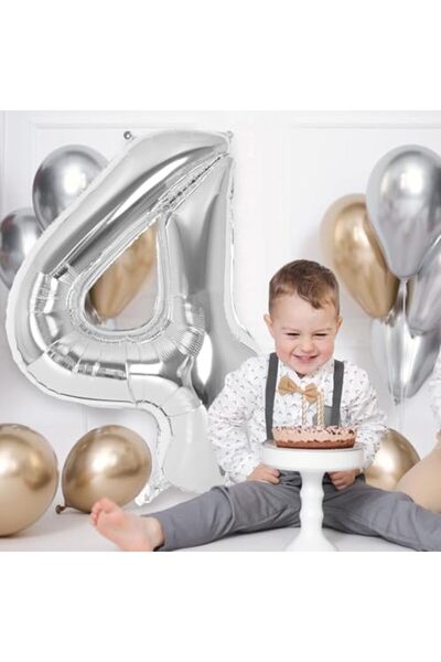 Yıldızan Xesha 4 Number Birthday Balloon Age Day Silver Color Flying Balloon ...