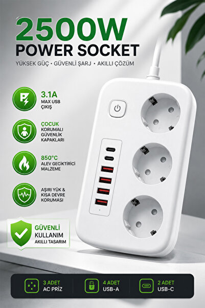 Happy Owl 2500W 3'lü Akım Korumalı Priz 4 USB + 2 Type-C Girişli Çoklu Priz A...