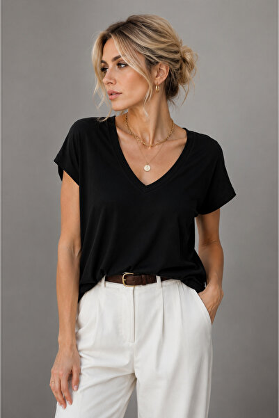 WILD BEE Women's Black Viscose Front and Back V-Neck Bat Sleeve Blouse