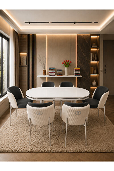 Concept Ayz Home Lara Krom Serisi Krem-Füme Kumaş 6 Kişilik 90×168 Oval Beyaz...