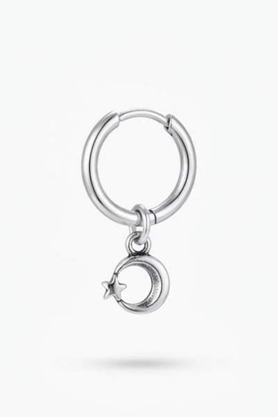 Blisse Piercing Unisex Silver Color Surgical Steel Dangle Moon Star Figured Hoop Earring 1 Piece